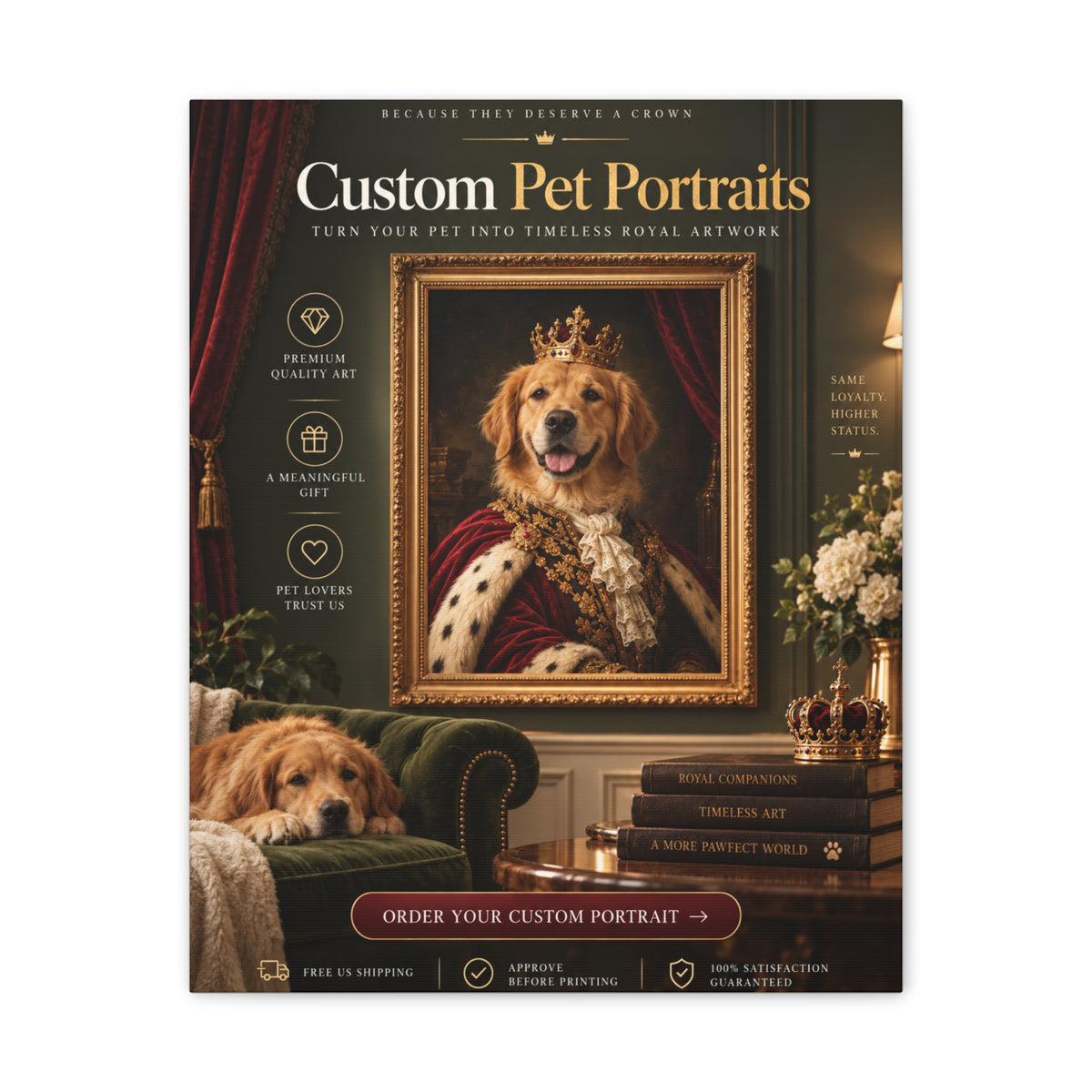 Custom Pet Portrait From Your Photo | Personalized Royal Canvas